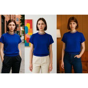 Vintage Zado Women's Wool Knit Top Blue Rainbow Trim 14 Retro Y2K Indie Sporty